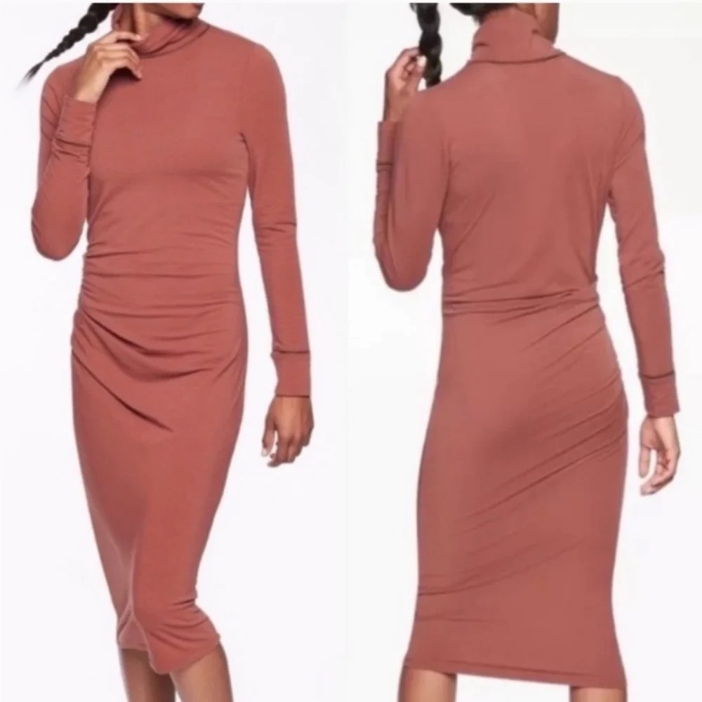 Athleta Industry Turtleneck Stretch Merino Blend Dress Havana Brown Size XXS